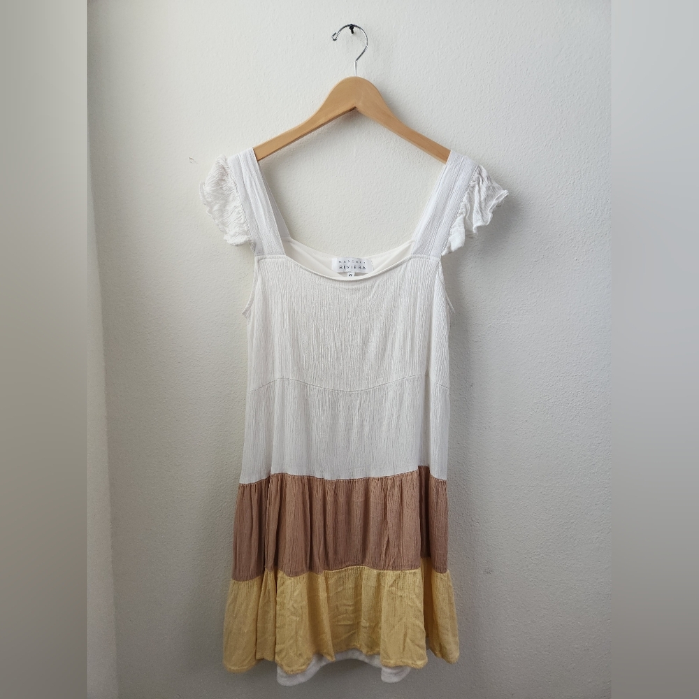 Margaux Riviera Women's‎ Dress Crinkle Colorblock White Tan Yellow Small Petite